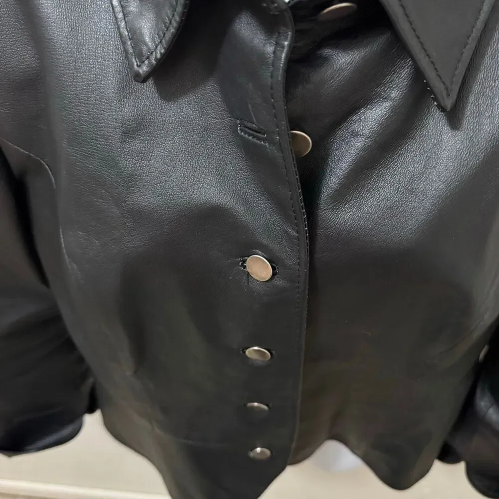Vintage 90s Shape FX Black Leather Jacket Metal Buttons 14